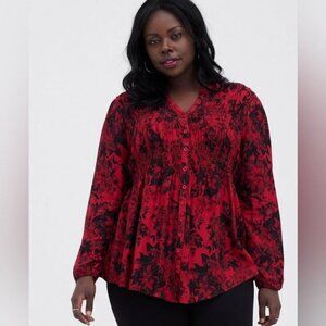 Torrid red black floral smocked front long sleeve blouse longer back 1X A9